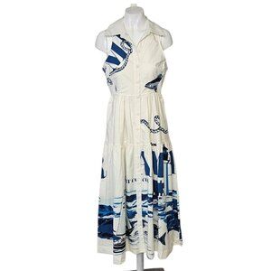 Anthropologie Maeve Sleeveless Midi Shirt Dress, Nautical, Smocked, Button, XS